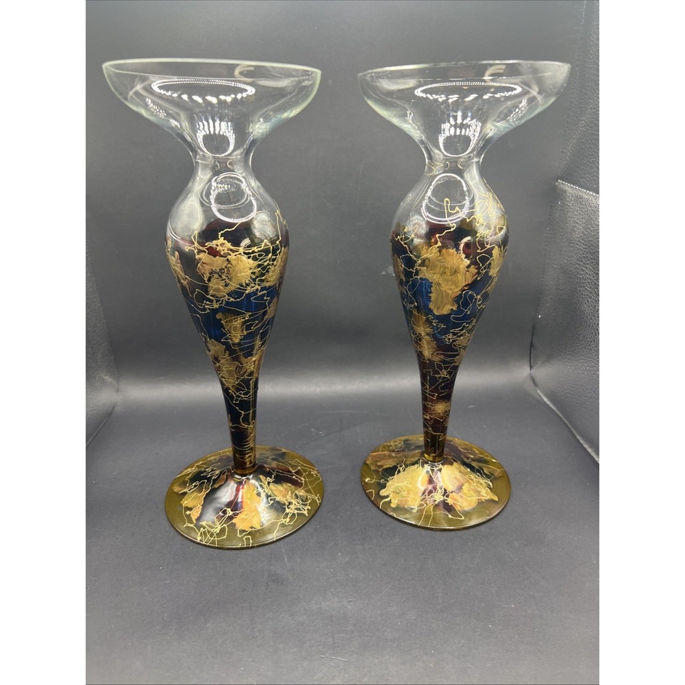 Vintage Hand Painted Art Glass Trumpet Vase Candle Holders Gold Vein Pair